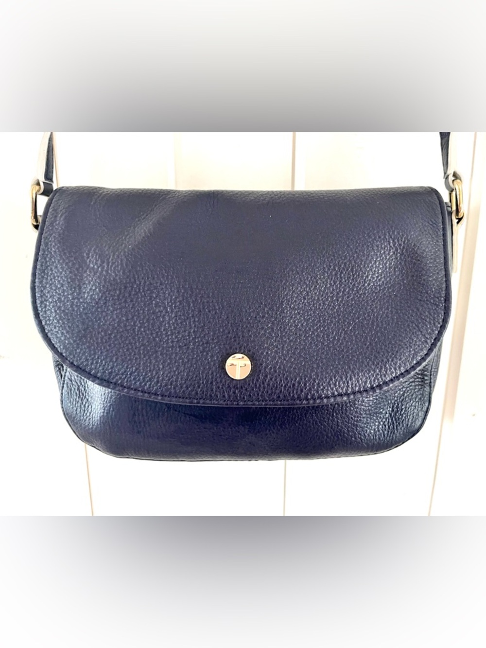 Talbots Navy Pebbled Leather Crossbody Bag with Gold Accent